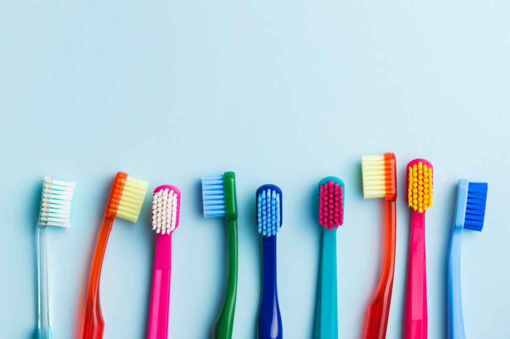 Colorful toothbrushes.