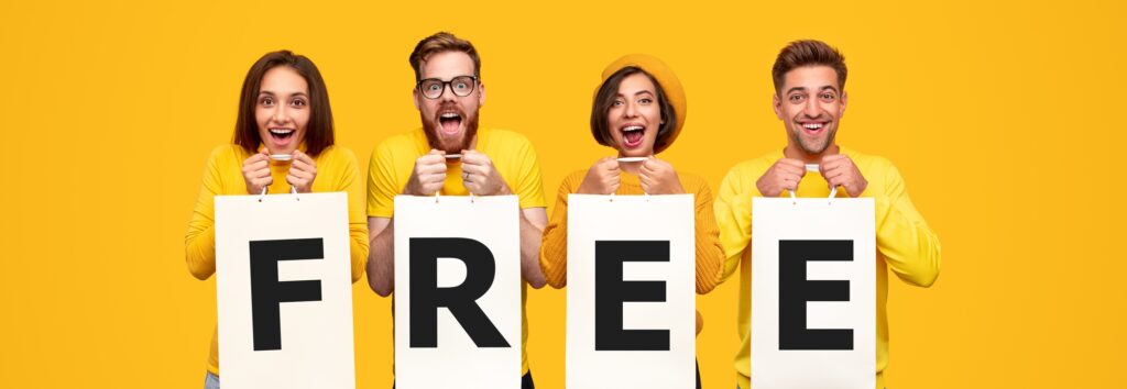 Excited people with Free inscription